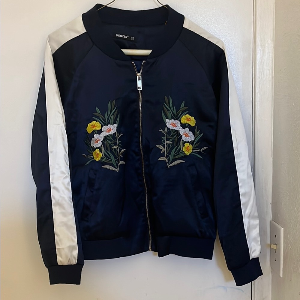 Blue and White Embroidered Bomber Jacket with Floral Design